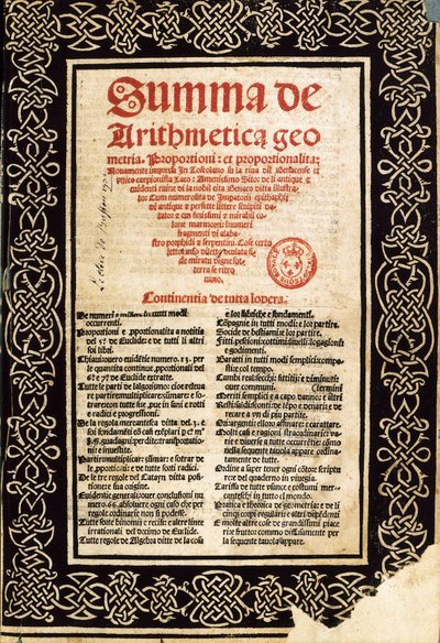 ルカ・パチョリの「Summa Arithmetica」。 作： Northern Italian School