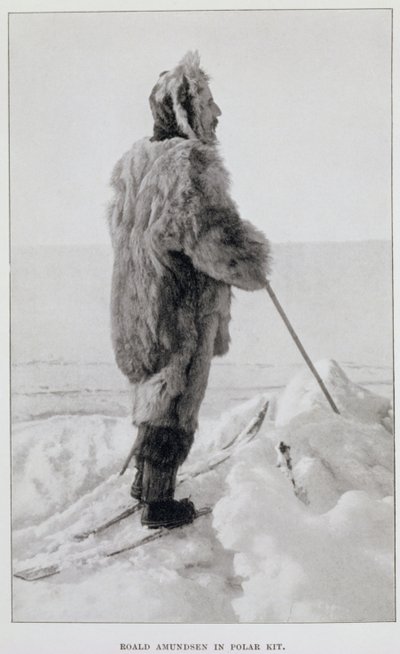 ポーラー・キットを着たロアルド・アムンセン、「南極点...」より、1912年発行（リトグラフ）。 作： ノルウェー語学校