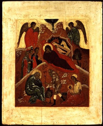 聖誕祭、マギの崇拝、聖ヨセフの誘惑のイコン 1500年頃（パネルに金箔、テンペラ） 作： Novgorod School