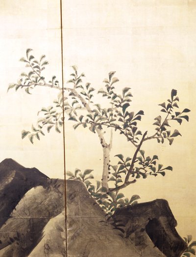 風景の中の虎（金箔に墨と彩色） 作： Obun Kunii