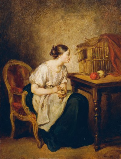 鳥かごを持つ若い女性 作： Octave Nicolas Francois Tassaert