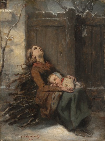 冬に眠っている子供を抱いた極貧の死んだ母親c。 1850 作： Octave Tassaert