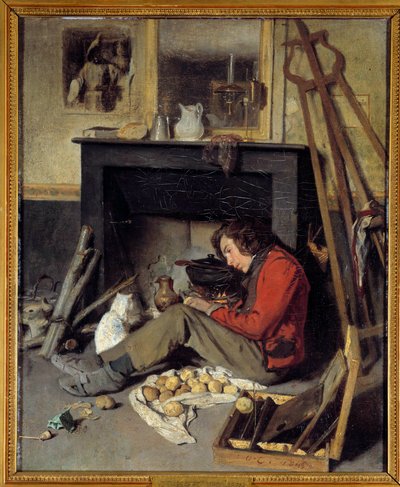 工房内部 暖炉のそばにいる画家。オクターブ・タサール（1800-1874）による絵画 1845年 日0,46x0,38 m 作： Octave Tassaert