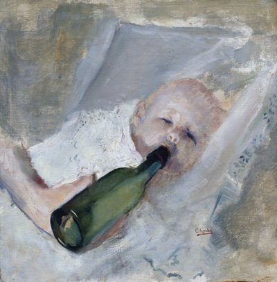 ミルクボトルを持った赤ちゃん（キャンバスに油彩） 作： Oda Krohg