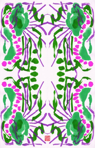 ピーコック・グリーン・ピンクの花模様、2023年（紙にグワッシュ、デジタル） 作： Odilia W. Y. Fu