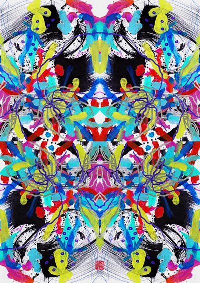 Zen Ink 青 赤 黄 花模様、2023 （アクリル、紙、デジタル） 作： Odilia W. Y. Fu