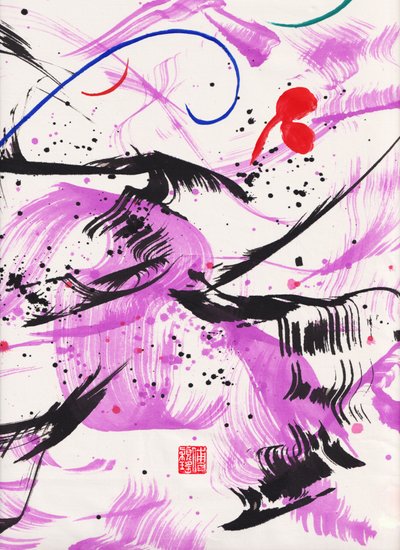 Zen Purple Lullaby Ink Abstraction 2, 2020（玄紙にインクと色彩） 作： Odilia W. Y. Fu
