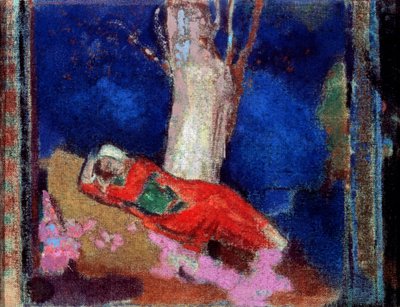 19世紀または20世紀初頭の木の下に横たわる女性。 作： Odilon Redon