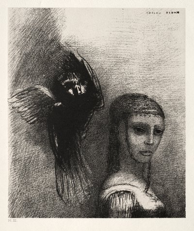 そして、空から舞い降りた大鳥が、彼女の髪の一番上に体をぶつけます 作： Odilon Redon