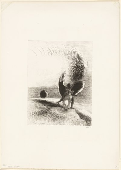 影の翼の下で黒い生き物が精力的に噛んでいた、プレート 4/6 作： Odilon Redon