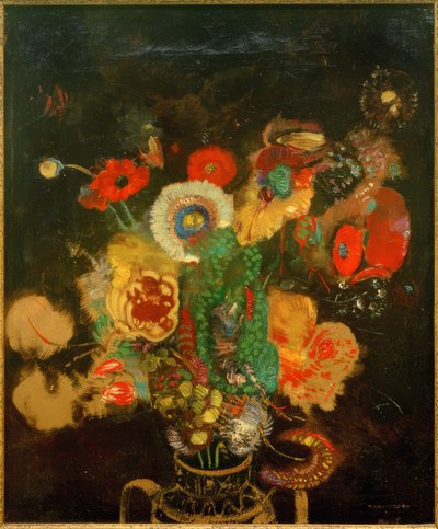 黒の背景に花の花束 作： Odilon Redon