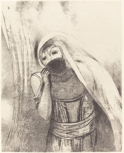 彼女は胸から完全に黒いスポンジを取り出し、キスで覆います。 作： Odilon Redon