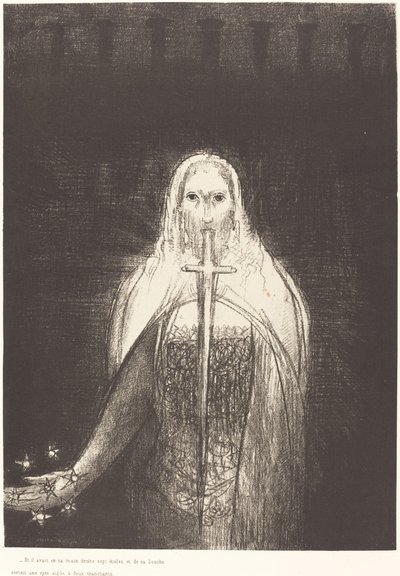 右手には七つの星を持ち、口からは鋭いもろ刃の剣が出ていた。 作： Odilon Redon