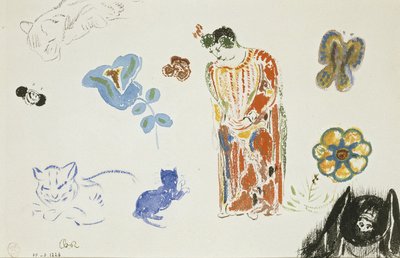習作シート: 女性、花と動物 作： オディロン・ルドン