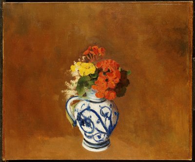 陶器の花瓶の中のゼラニウムと他の花 作： Odilon Redon