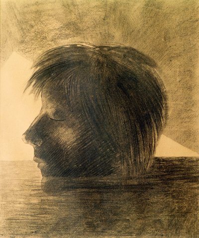 オルフェウスオンザウォーターまたはザミスティックの頭、1880年（木炭と紙に鉛筆） 作： Odilon Redon