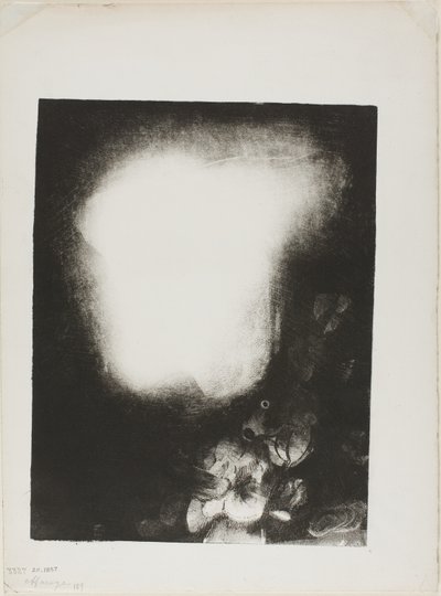 花のコサージュを持つ女性の頭 作： Odilon Redon
