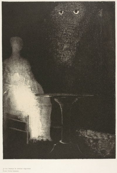 私は椅子を見つめ続け、その上に人間の姿の淡いブルーの霧の輪郭を見たと思いました、プレート 1/6 作： Odilon Redon