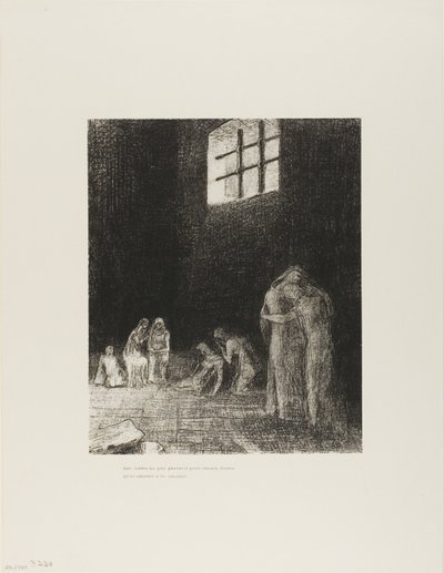 影の中にいる人々は、嘆き、祈り、励ましている他の人々に囲まれている、プレート 6/24 作： Odilon Redon