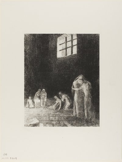 影の中にいる人々は、嘆き、祈り、励ましている他の人々に囲まれている、プレート 6/24 作： Odilon Redon