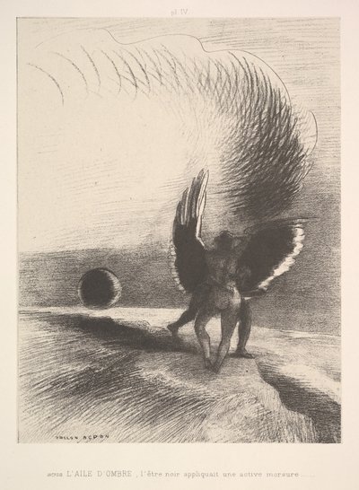 翼の影で、黒い生き物ビット、1891年。 作： Odilon Redon