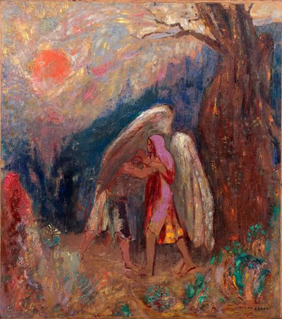 ヤコブと天使。 オディロン・ルドン (1840-1916) の絵画、キャンバスに油彩、1907 年頃。 フランス美術、20 世紀、象徴主義。 ニューヨーク近代美術館（アメリカ）。 作： Odilon Redon