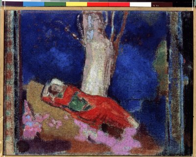 """Young Woman Lying Under A Tree"" (A Woman Lying Under The Tree) オディロン・ルドン (1840-1916) 1900-1901 ガッシュとテンペラの絵画。 ナビ。 エルミタージュ美術館、サンクトペテルブルク (Saint-Petersburg) 作： Odilon Redon