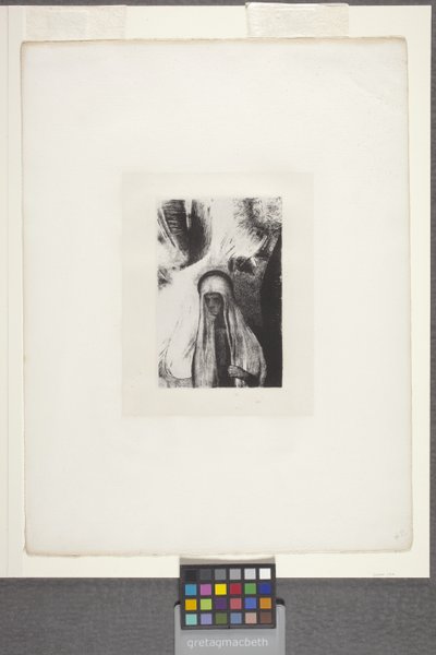 おばあさん：「なにが怖いの？」 (チンアップリケ紙にリトグラフ) 作： Odilon Redon