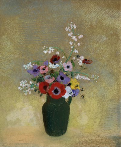 混合された花と大きな緑色の花瓶 作： Odilon Redon
