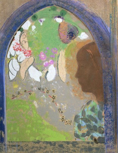 窓際の女性のプロフィール、1912年頃（カードにパステル） 作： Odilon Redon