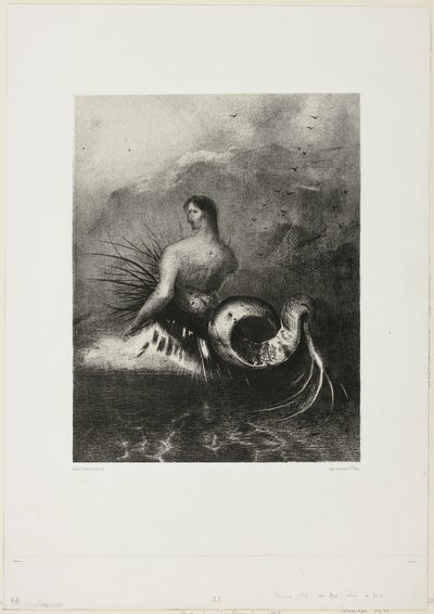 波から出てくるサイレン、炎に身を包んだ、「Les Origines」からのプレート 4/8 作： Odilon Redon