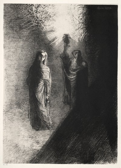 聖アントニウスの誘惑ファーストシリーズ：彼は青銅の壷を上げる、1888。 作： Odilon Redon