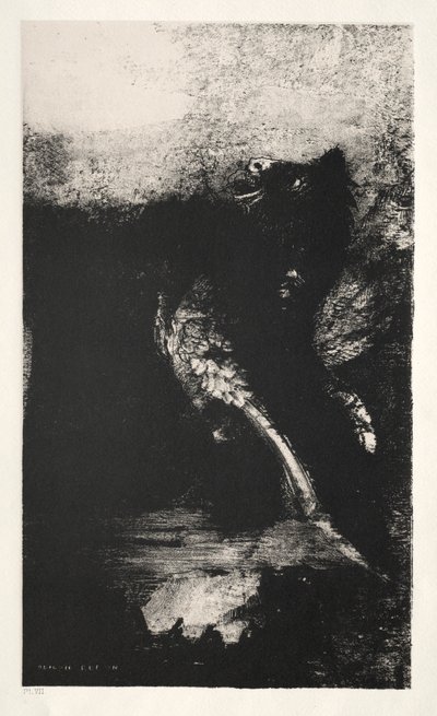 セントアンソニーの誘惑ファーストシリーズ：緑の目を持つキメラ、ターンズ、ベイズ、1888年。 作： Odilon Redon