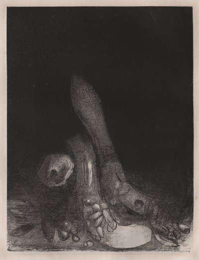聖アントニウスの誘惑：花は落ち、Pythonの頭が現れる、1896年。 作： Odilon Redon