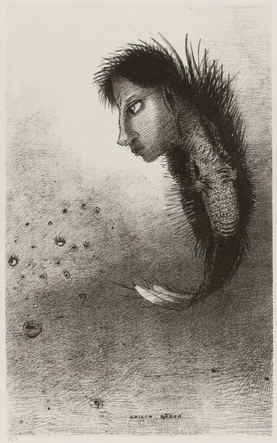 その後、魚の体に人の頭を持つ特異な存在が現れる、プレート 5/10 作： Odilon Redon