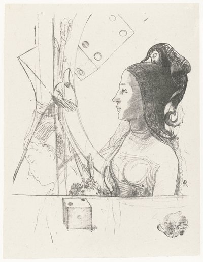 女性とサイコロ 左横顔の女性、coiffée d
