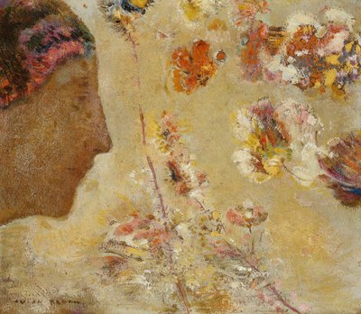 蝶と花の横顔の女性。蝶と花を持つ横顔の女 作： Odilon Redon