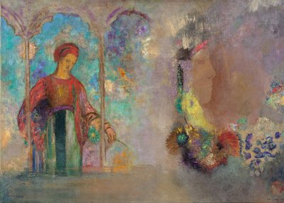 ゴシック調のアーケードにいる女性 - 花を持つ女性 - Peinture de Odilon Redon(1840-1916) 作： Odilon Redon