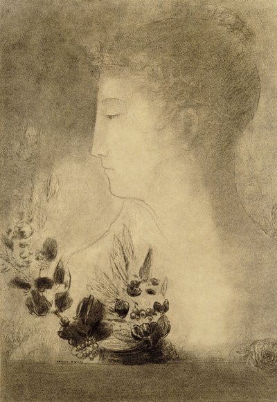 月桂樹の花輪を持つ横顔の女性。月桂樹のリースを持つ女性のプロフィール、 作： Odilon Redon