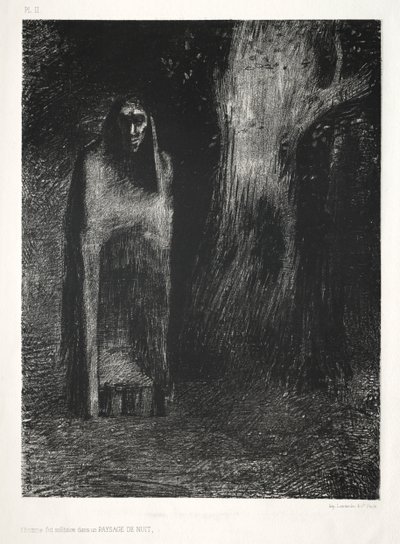 夜のこと。男は一人で夜の風景の中にいた」1886年 作： Odilon Redon Lemercier and Cie.
