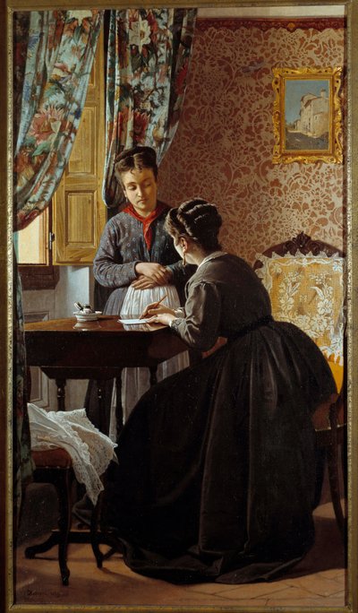 読み書きのできない人やメイドに手紙を書く女性 絵画：オドアルド・ボラーニ（1834-1905） 1869年 個人蔵 作： Odoardo Borrani