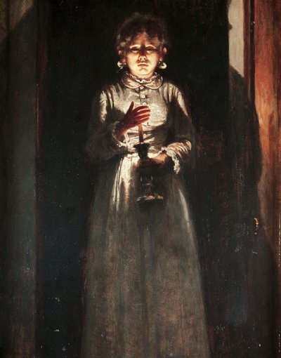 ろうそくを持つ女性、Odoardo Borrani (1833-1905) 作、木に油彩、38,5x25,5 cm 作： Odoardo Borrani