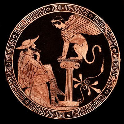 オイディプスとスフィンクスを描いた赤像のアッティカのキルス、ヴルチ、前470年頃（陶製 作： Oedipus Painter (attr. to)