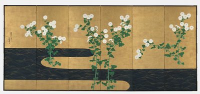 小川の菊図 六曲屏風一組 1700年代後半～1800年代前半（金紙本彩色） 作： Ogata (follower of) Korin