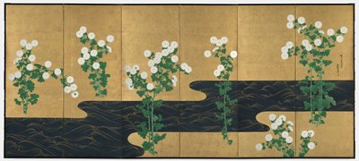 小川の菊図 六曲屏風一組 1700年代後半～1800年代前半（金紙本彩色） 作： Ogata (follower of) Korin