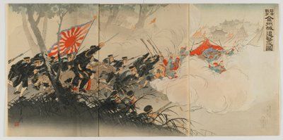 明治時代の錦州での戦い、1894年（色木版画） 作： Ogata Gekko