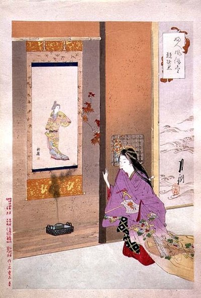 宮廷人の比較、「女性の風俗」シリーズの挿絵、1891年頃（彩色木版画に布地印刷を施したもの） 作： Ogata Gekko
