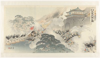 平壌での日本軍の大勝利 日郡平城大正之図 作： Ogata Gekko