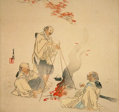 楓の木の下で酒を飲む」1890年代～1900年代（カラー木版画） 作： Ogata Gekko