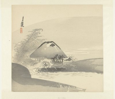 水車のある家のある川の風景 作： Ogata Gekko